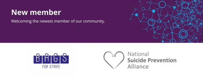 NSPA welcome image. A purple banner with the words New member Welcoming the newest member of our community. A graphic shows blue lines representing connections. Below this is a white banner with the NSPA and Bags for Strife logos.