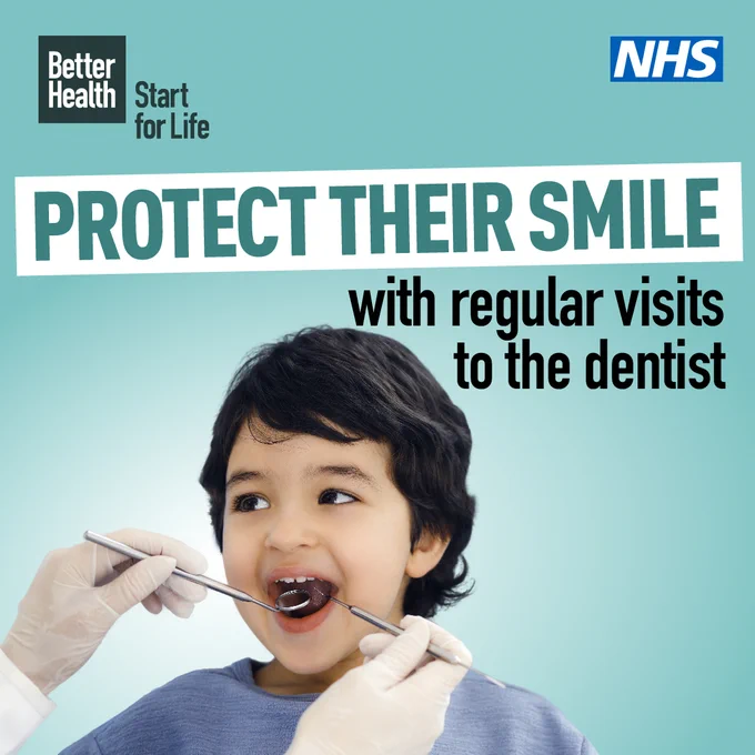 A young child with their mouth open having a dental examination with the caption "Protect their smile with regular visits to the dentist".