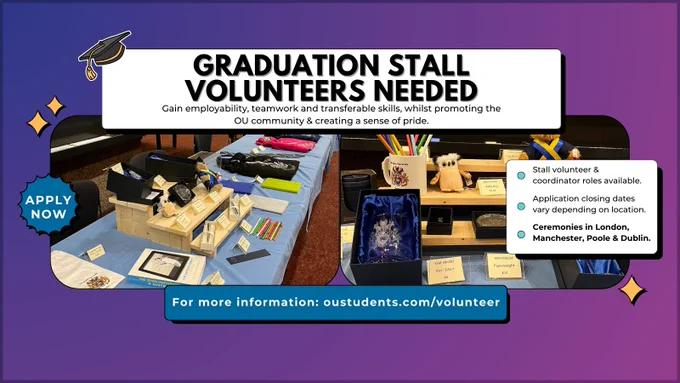 2 images of a stall selling open university merchandise at graduation ceremonies with a title saying 'Graduation stall volunteers needed'. More text on the right saying 'Stall volunteer & coordinator roles available, application closing dates vary depending on location, and ceremonies in London, Manchester, Poole & Dublin.'
