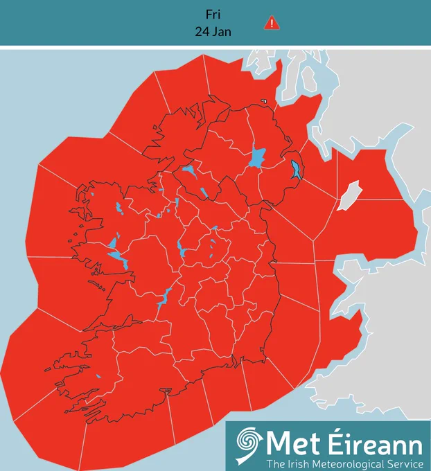 Met Éireann map of Ireland showing nationwide status red wind warning