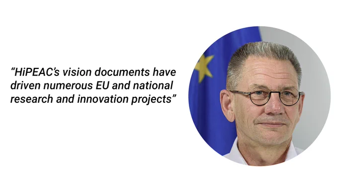 Photo of Max Lemke in front of an EU flag, accompanied by the following quote: 

“HiPEAC’s vision documents have driven numerous European Union (EU)  and national research and  innovation projects”