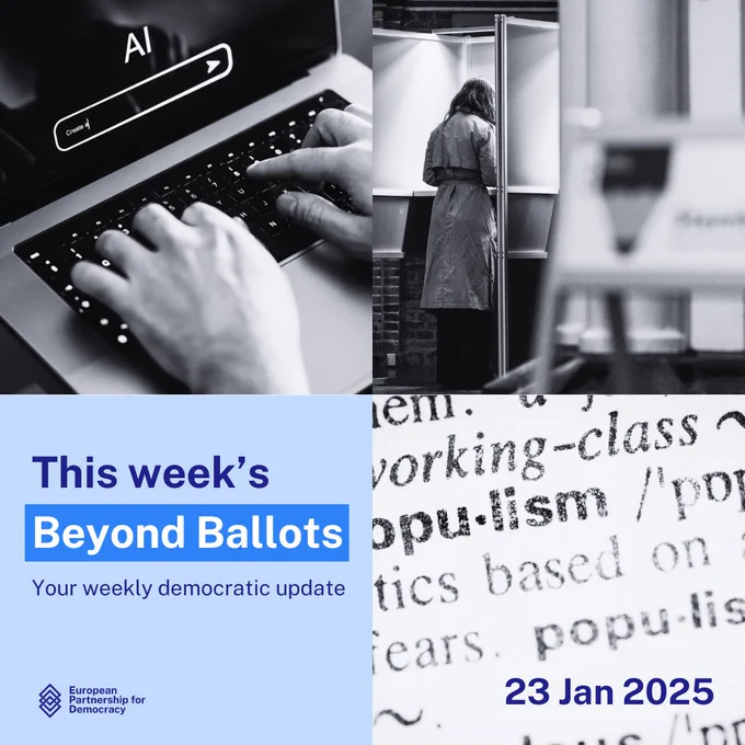 The image shows a collage of pictures with EPD's logo, the title of the newsletter "Beyond Ballots", the tagline “Your weekly democratic update” and the date 23 January 2025.