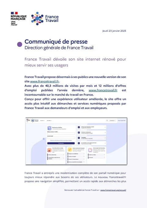Communiqué de presse - Direction générale de France Travail : " France Travail dévoile son site internet rénové pour mieux servir ses usagers"