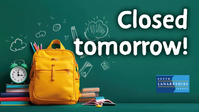 Image of school bags, books and alarm clock. Wording states 'Closed tomorrow'