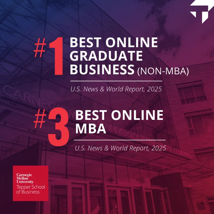 Promotional graphic for Carnegie Mellon University's Tepper School of Business, highlighting its rankings as #1 Best Online Graduate Business Program (Non-MBA) and #3 Best Online MBA by U.S. News & World Report for 2025. The image features a bold red and purple overlay on a photo of the university buildings.