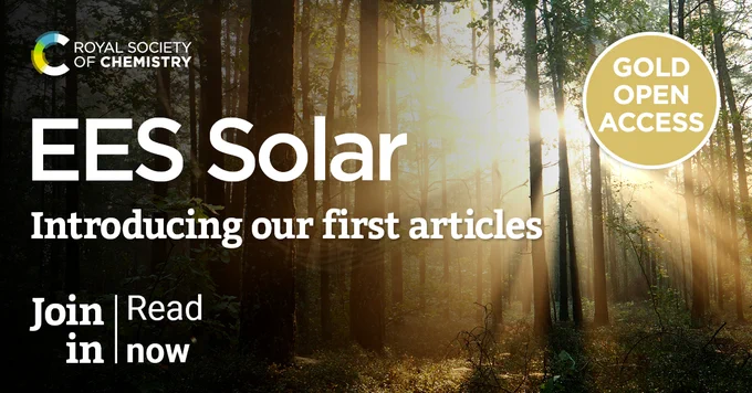 Promotional banner for the Royal Society of Chemistry's EES Solar, featuring an image of sunlight streaming through a dense forest. Text announces "Introducing our first articles" with options to join or read now, highlighting their Gold Open Access.