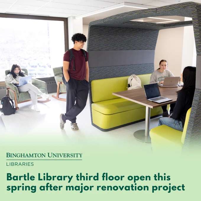 photo of students gathering in the newly renovated Bartle Library third floor featuring the new brightly colored booth table. Text reads: Bartle Library third floor open this spring after major renovation project.