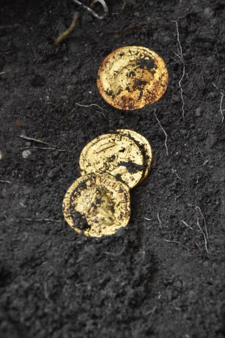 Four of the gold coins found on the person of a woman who died in the room