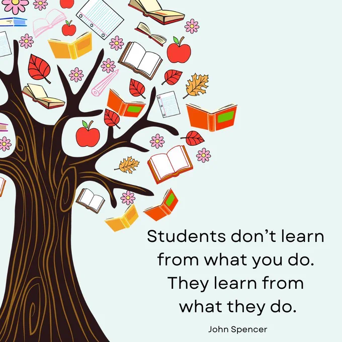 Tree with books, apples, and leaves among the branches.