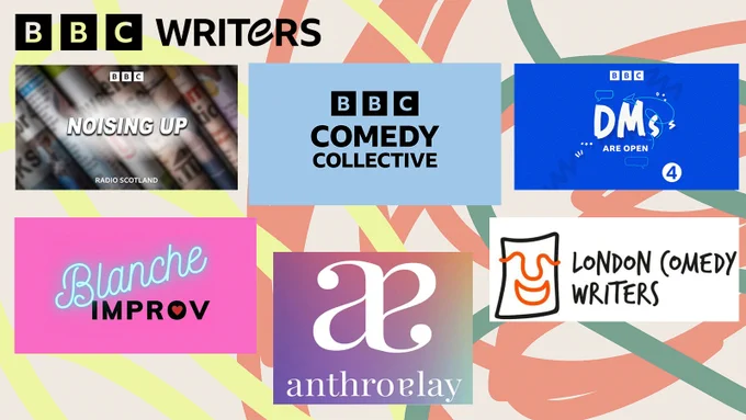 A montage of logos for Comedy opportunities which includes BBC Comedy Collective and Radio 4's DMs are Open