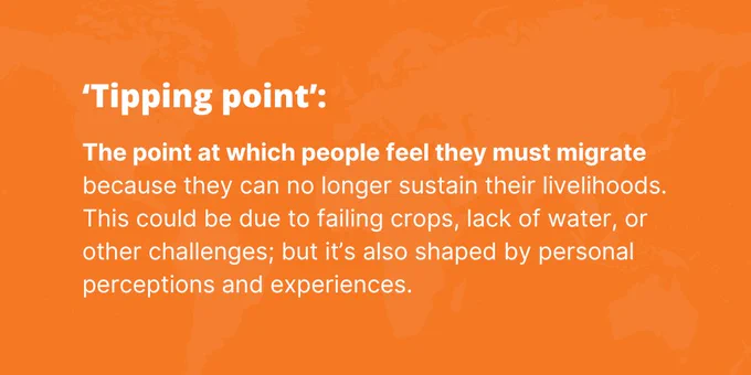 The point at which people feel they must migrate because they can no longer sustain their livelihoods. This could be due to failing crops, lack of water, or other challenges; but it’s also shaped by personal perceptions and experiences.
‘Tipping point’: