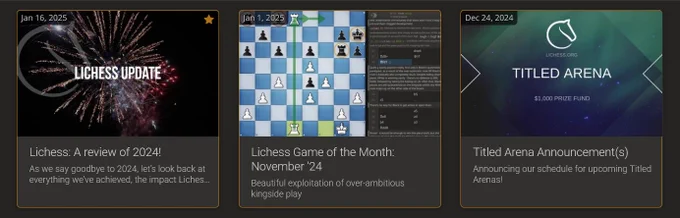 Screenshot of the three highlighted blogs on the Lichess account profile.