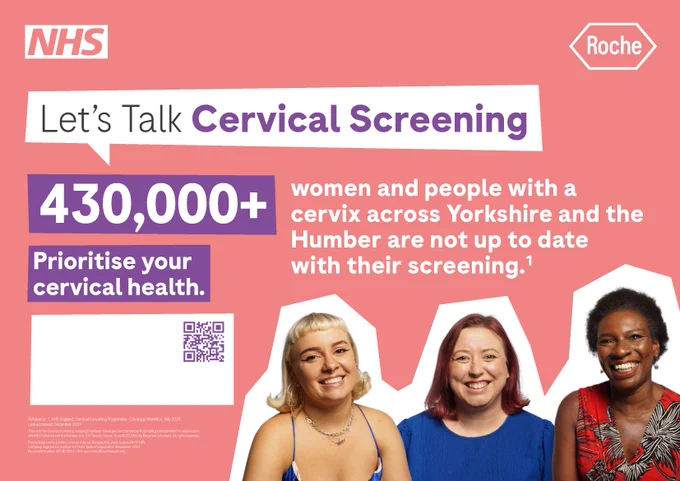 3 women at the bottom of the screen. Text that reads "Lets talk Cervical Screening" " Women and people with a cervix across Yorkshire and the Humber are not up to date with their screening" "Prioritise your cervical health"