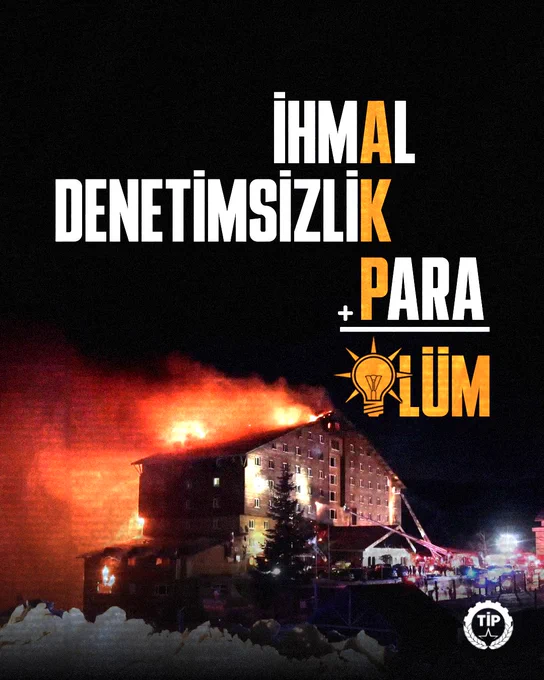 Görselde yangının çıktığı otelin yangın esnasındaki fotoğrafı var. Üst kısımda alt alta "İHMAL", "DENETİMSİZLİK" ve "PARA" kelimeleri yer alıyor. "İhmal" kelimesinin A'sı, "Denetimsizlik" kelimesinin K'si ve "Para" kelimesinin P'si sarı renkle yazılmış. Bu üç kelimenin altında bir toplama işareti, onun altında ise "ÖLÜM" yazıyor. "Ölüm" kelimesinin Ö'sü yerine AKP logosu olan ampul koyulmuş.