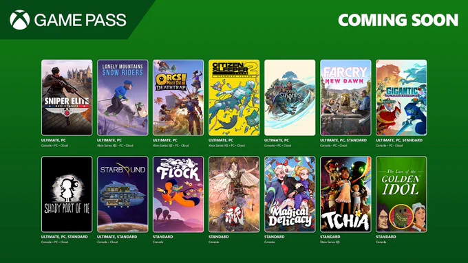 Sniper Elite: Resistance, Lonely Mountains: Snow Riders, Orcs Must Die! Deathtrap, Citizen Sleeper 2: Starward Vector, Eternal Strands, Far Cry New Dawn, Gigantic: Rampage Edition, Shady Part of Me, Starbound, Flock, Kunitsu-Gami: Path of the Goddess, Magical Delicacy, Tchia, and The Case of the Golden Idol are coming soon to Xbox Game Pass