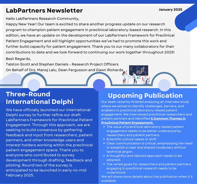 A screenshot of the first page of the LabPartners January newsletter which has a blue and white colour scheme. 