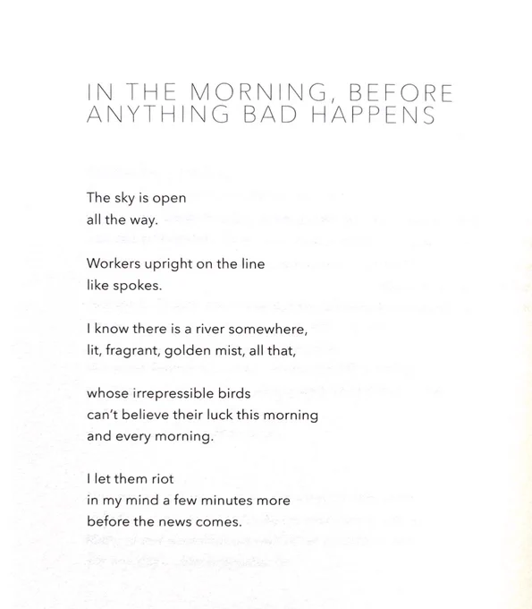 IN THE MORNING, BEFORE
ANYTHING BAD HAPPENS


The sky is open
all the way.

Workers upright on the line
like spokes.

I know there is a river somewhere,
lit, fragrant, golden mist, all that,

whose irrepressible birds
can’t believe their luck this morning
and every morning.

I let them riot
in my mind a few minutes more
before the news comes.