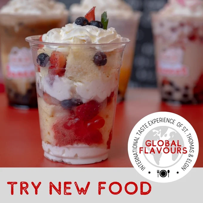 A photo of a shortbread trifle with the Global Flavours logo and the text 'Try New Food'.