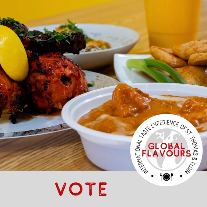 A photo of curries with the Global Flavours logo and the text 'Vote'.