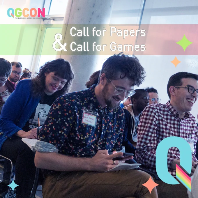 A diverse group of QGCon attendees laughing and taking notes during a workshop, with overlaid text: "QGCon: The Queerness and Games Convention: Call for Papers & Call for Games"
