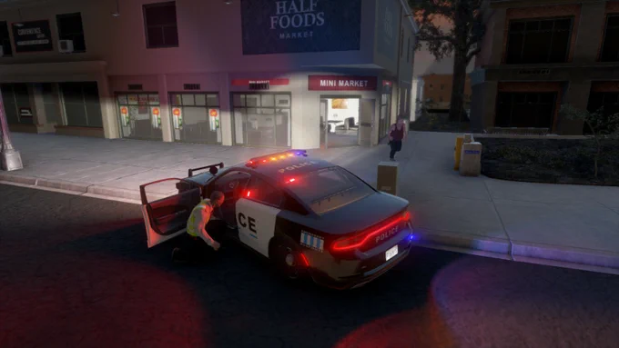 A screenshot from Flashing Lights showing a police car parked outside a mini market, with a police officer crouched behind it. A suspect can be seen running away from the store as if they have potentially shoplifted.