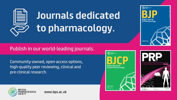 The graphic features an icon of a hand holding two sheet of paper. The text reads "Journals dedicated to pharmacology. Publish in our world-leading journals. Community-owned, open-access options, high-quality peer reviewing, clinical and pre-clinical research. The front covers of three journals are featured: the British Journal of Pharmacology (blue), the British Journal of Clinical Pharmacology (green), and Pharmacology Research & Perspectives (black & pink). The British Pharmacological Society logo and website (www.bps.ac.uk) are at the bottom of the image.