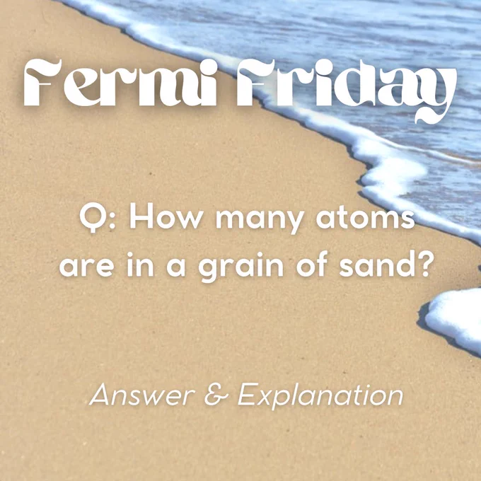 A beach background with a title that says, "Fermi Friday". Below says, "Q: How many atoms are in a grain of sand?". Below says, "Answer & Explanation".