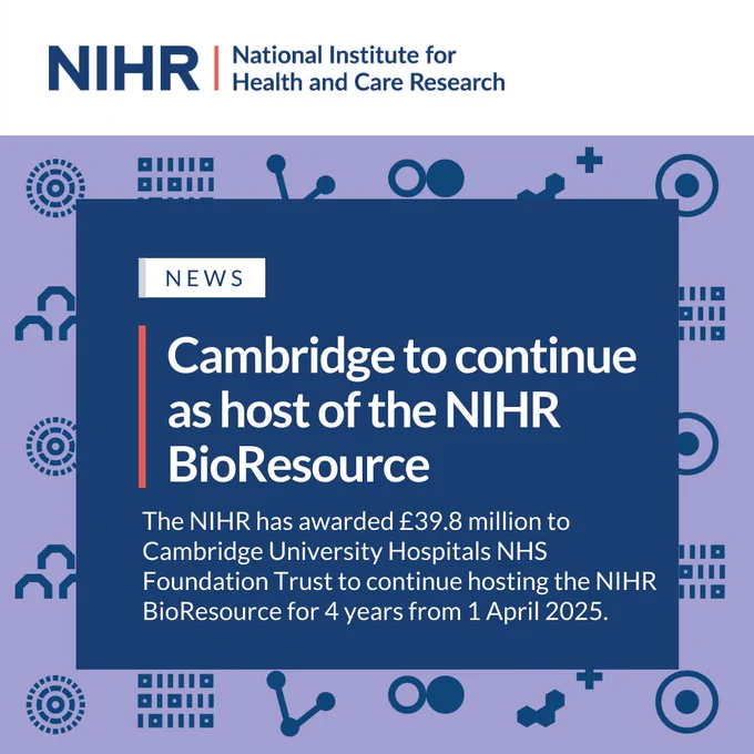 News
Cambridge to continue as host of the NIHR BioResource
The NIHR has awarded £39.8 million to Cambridge University Hospitals NHS Foundation Trust to continue hosting the NIHR BioResource for four years from 1 April 2025.