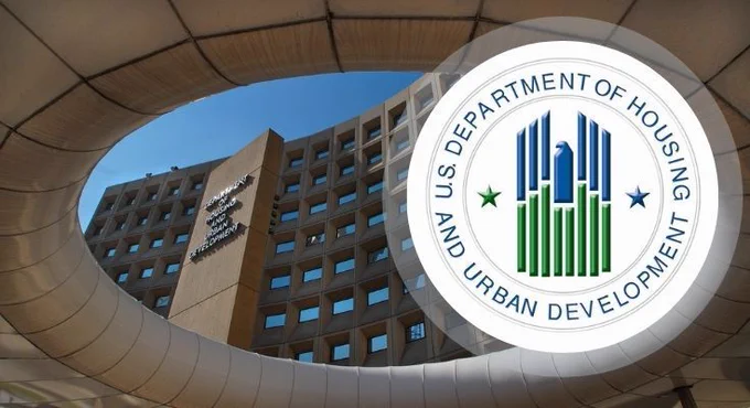 the seal of the US department of housing and urban development next to the DC office building that houses the agency