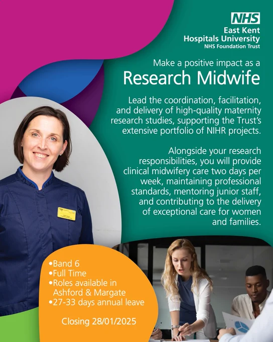 job advert for a Research Midwife at East Kent Hospitals University NHS Foundation Trust

