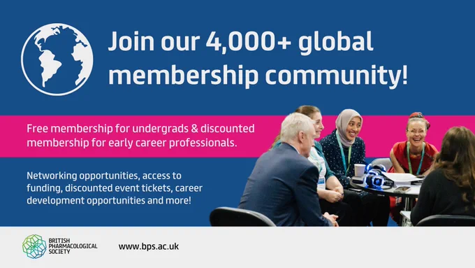 The graphic features an icon of the world. The text reads "Join our 4,000  global membership community! Free membership for undergrads & discounted membership for early career professionals. Networking opportunities, access to funding, discounted event tickets, career development opportunities and more! A cut-out photo of a group of members sitting around a table talking to and smiling at each other is on the right. The British Pharmacological Society logo and website (www.bps.ac.uk) are at the bottom of the image.