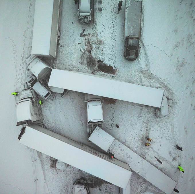 Drone image of mult-vehicle crash I-94 in Van Buren County near Hartford.