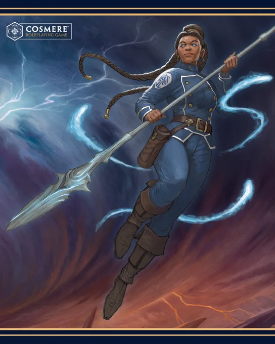 An Azish woman in a Bridge Four uniform holding a spear. Windspren are around her and she appears to be floating off of the ground.