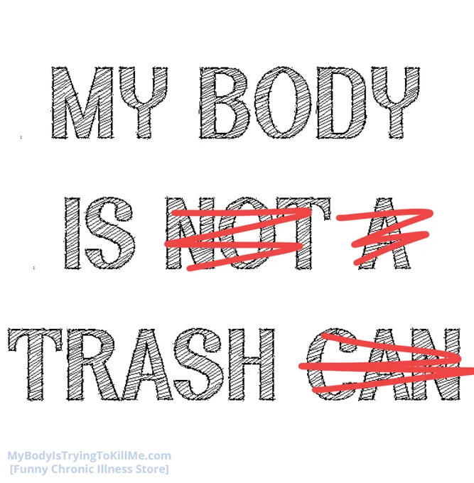 My Body Is (not a [crossed out])
Trash (can [crossed out])

so it says:

My Body Is Trash