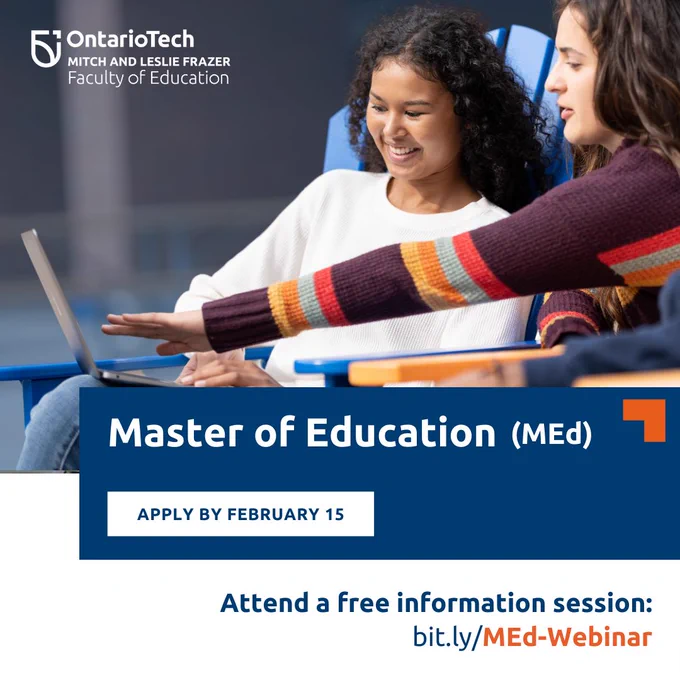 Two young women sit beside each other on adirondack chairs, pointing at something on a laptop screen. The text reads "Master of Education (MEd), apply by February 15. Attend a free information session: bit.ly/MEd-Webinar" 
