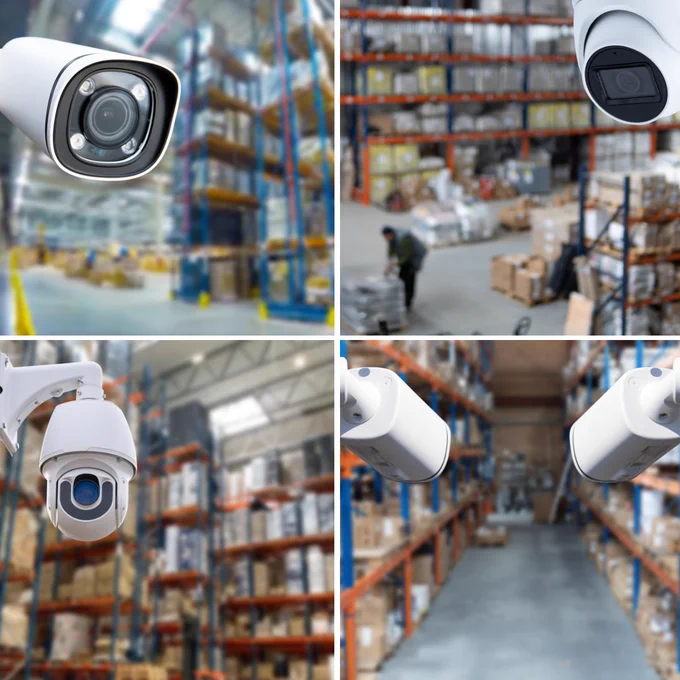 A fleet of cameras in an industrial warehouse.