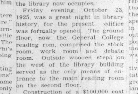 Newspaper clipping starting with the words Friday evening, October 23, 1925, was a great night in library history, for the present edifice was formally opened.