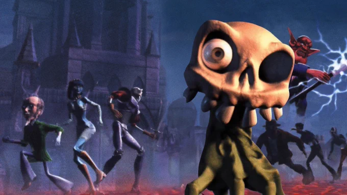MediEvil 2 render featuring Professor Hamilton Kift, Princess Kiya, Sir Dan, DanHand, Lord Palethorn and zombies in front of a cathedral.