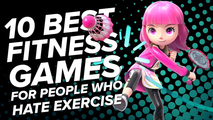 10 Best Fitness Games For People Who Hate Exercise, in text, next to a cute pink haired Nintendo Switch Sports character playing badminton. The shuttlecock is being hit towards the camera and over the text.