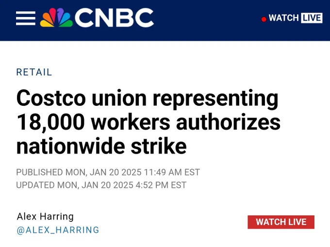 CNBC article headline stating that a Costco union representing 18,000 workers has authorized a nationwide strike, published on January 20, 2025.