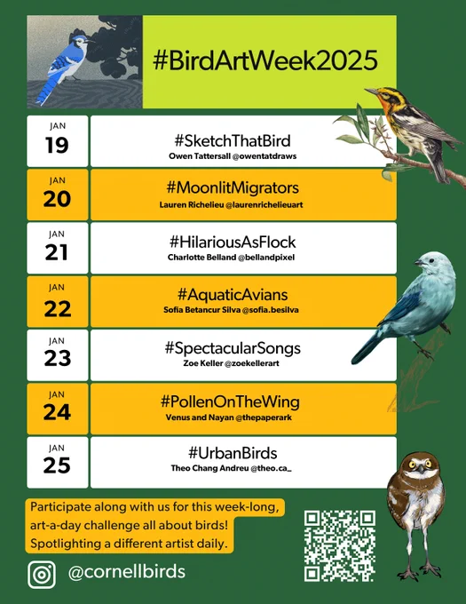 Schedule of Cornell Lab of O's Bird Art Week 2025 challenge. For info, go to @cornellbirds on Instagram. 