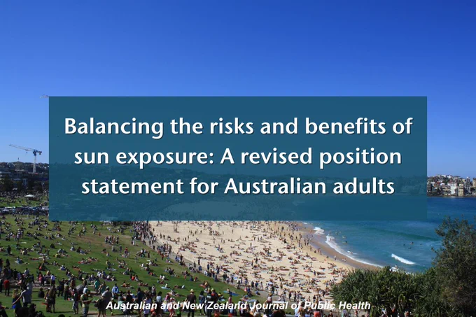 The view overlooking a crowded Bondi Beach. Overlayed text reads "Balancing the risks and benefits of sun exposure: A revised position statement for Australian adults"