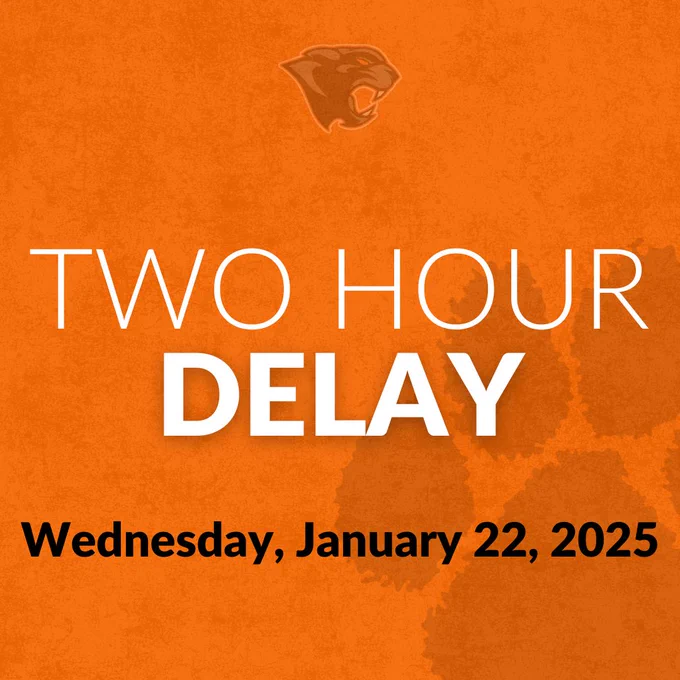 Two-hour delay graphic for Wednesday, January 22, 2025 with faded panther head and panther paw on orange background. 