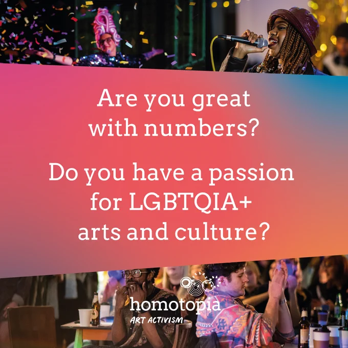 A split-image design with a gradient on the top half and a photo of a lively event at the bottom. The text reads, "Are you great with numbers? Do you have a passion for LGBTQIA  arts and culture?" The "Homotopia Art Activism" logo appears at the bottom.