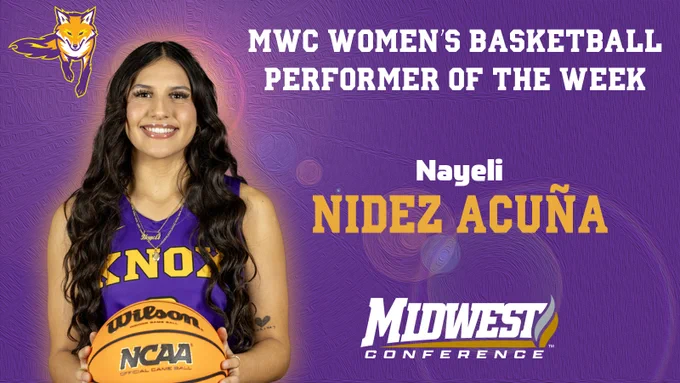 Nayeli Nidez Acuña holding a basketball and smiling, for after all, she is the Midwest Conference Women's Basketball Performer of the Week