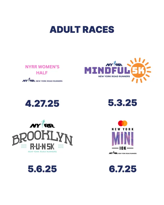Slide 1: 2025 New York Road Runners Adult and Youth Event Schedule April, May and June. Advance Registration: January 28. General Registration: January 30. 4 graphics with race logo and dates of NYRR adult races and youth events.