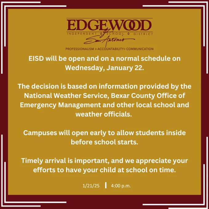 EISD will be open January 22