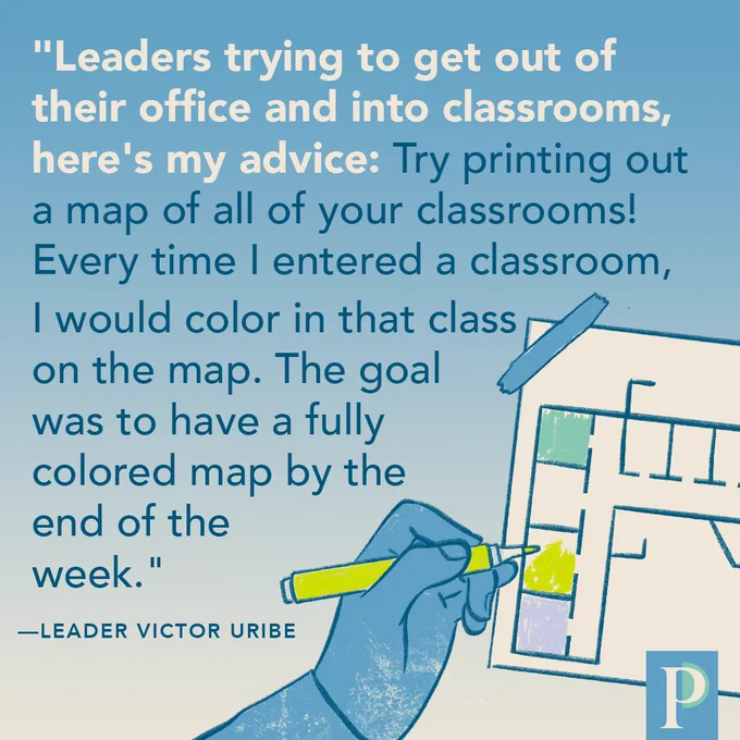 "Leaders trying to get out of their office and into classrooms, here's my advice: Try printing out a map of all of your classrooms! Every time I entered a classroom, I would color in that class on the map. The goal was to have a fully colored map by the end of the week." —Leader Victor Uribe