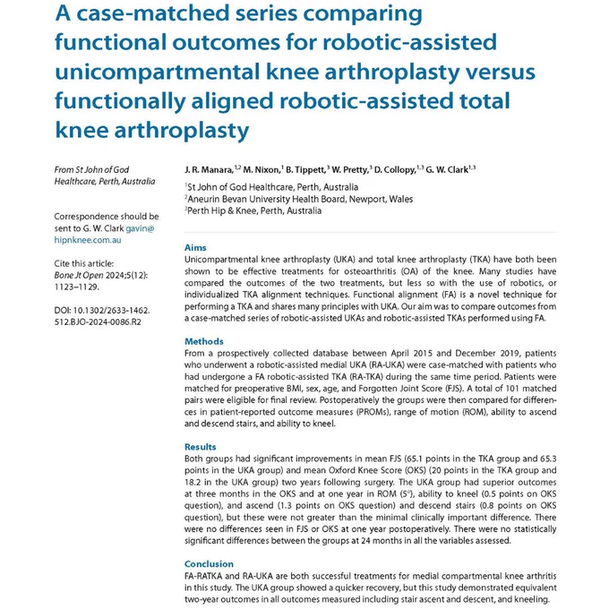 Bone & Joint Open. Abstract text for article titled 'A case-matched series comparing functional outcomes for robotic-assisted unicompartmental knee arthroplasty versus functionally aligned robotic-assisted total knee arthroplasty'.