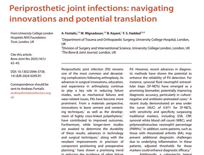 First page of the editorial entitled "Periprosthetic joint infections: navigating innovations and potential translation"